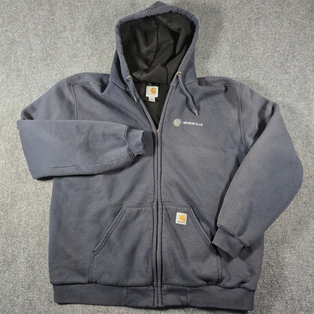 Carhartt Zip Front Hooded Sweatshirt Jacket Men's Large Navy Wilbur-Ellis Logo
